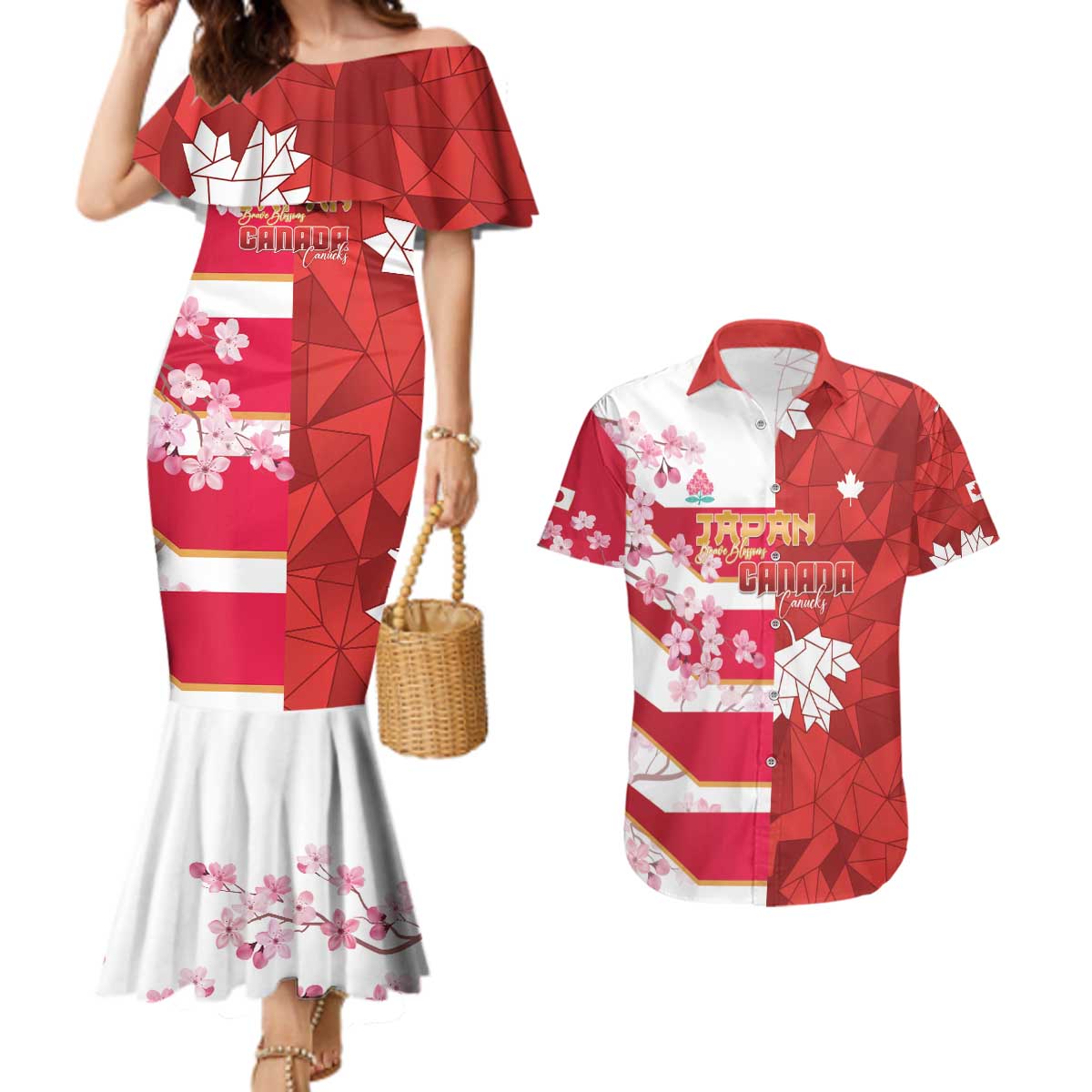 Canada and Japan Rugby Custom Couples Matching Mermaid Dress and Hawaiian Shirt Canucks Brave Blossoms Together Pacific - Wonder Print Shop