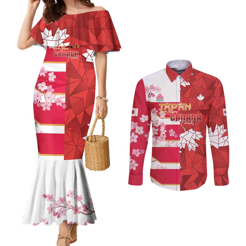 Canada and Japan Rugby Custom Couples Matching Mermaid Dress and Long Sleeve Button Shirt Canucks Brave Blossoms Together Pacific - Wonder Print Shop