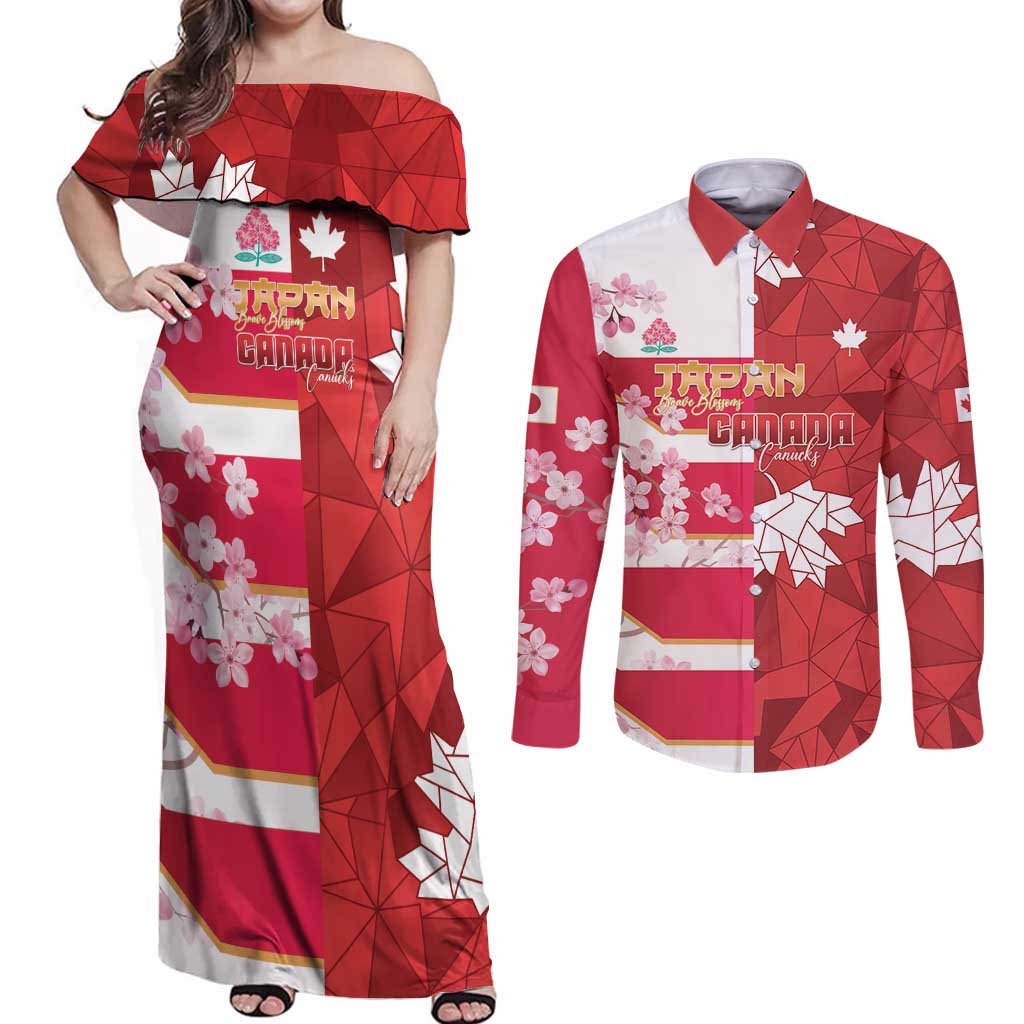 Canada and Japan Rugby Custom Couples Matching Off Shoulder Maxi Dress and Long Sleeve Button Shirt Canucks Brave Blossoms Together Pacific - Wonder Print Shop