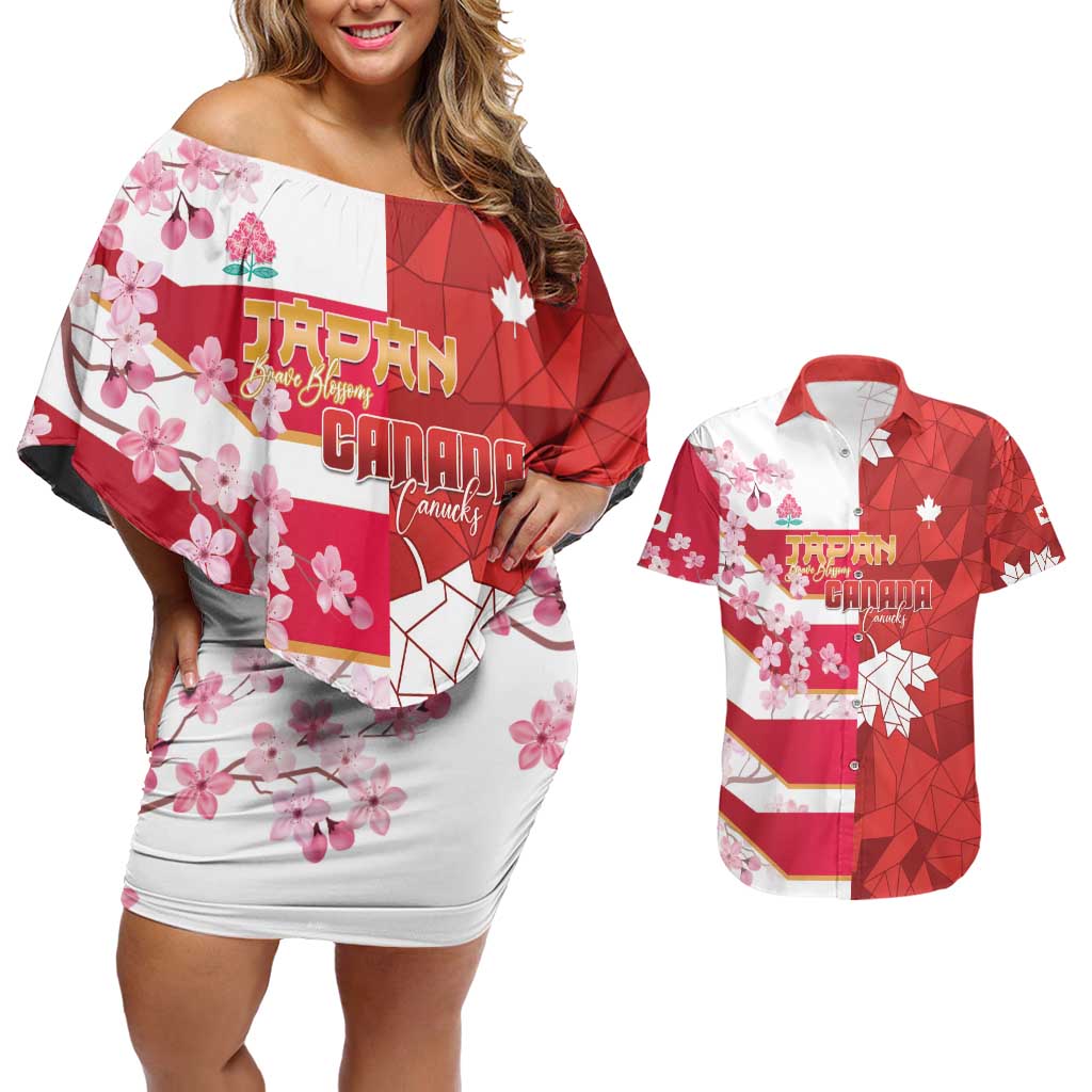 Canada and Japan Rugby Custom Couples Matching Off Shoulder Short Dress and Hawaiian Shirt Canucks Brave Blossoms Together Pacific - Wonder Print Shop