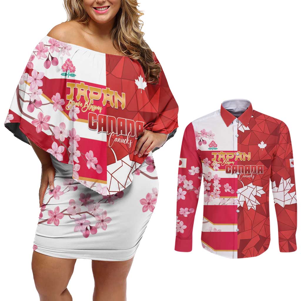 Canada and Japan Rugby Custom Couples Matching Off Shoulder Short Dress and Long Sleeve Button Shirt Canucks Brave Blossoms Together Pacific - Wonder Print Shop