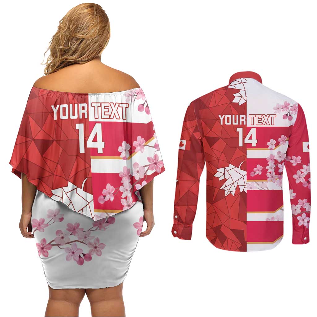 Canada and Japan Rugby Custom Couples Matching Off Shoulder Short Dress and Long Sleeve Button Shirt Canucks Brave Blossoms Together Pacific - Wonder Print Shop