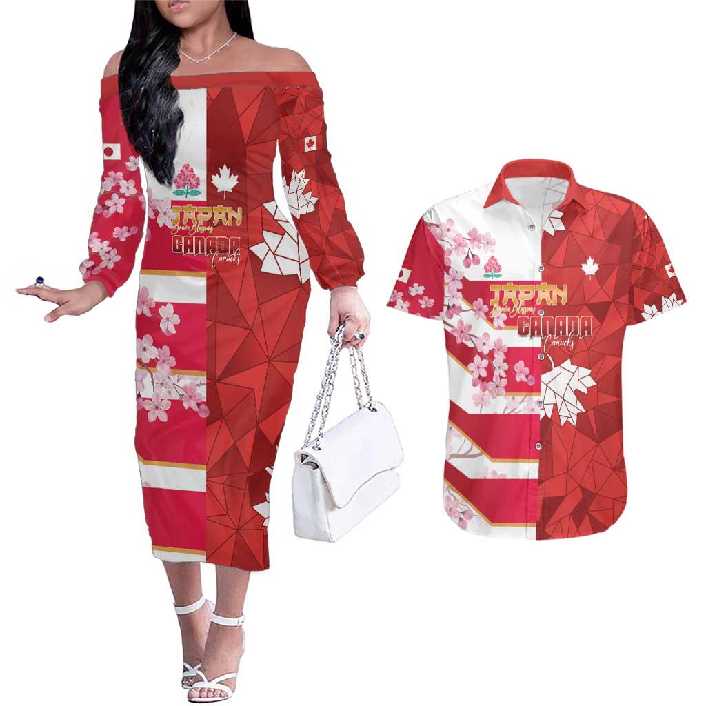 Canada and Japan Rugby Custom Couples Matching Off The Shoulder Long Sleeve Dress and Hawaiian Shirt Canucks Brave Blossoms Together Pacific - Wonder Print Shop