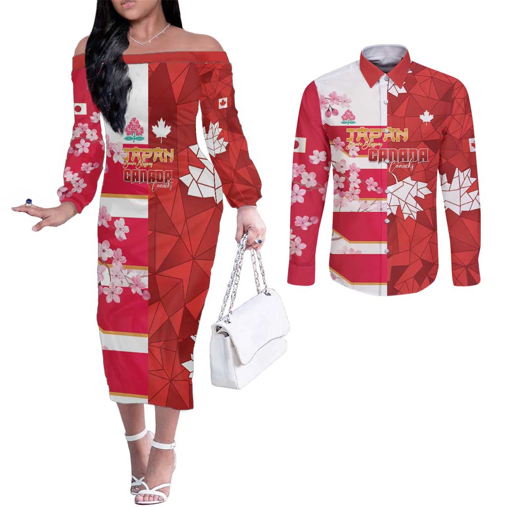 Canada and Japan Rugby Custom Couples Matching Off The Shoulder Long Sleeve Dress and Long Sleeve Button Shirt Canucks Brave Blossoms Together Pacific - Wonder Print Shop