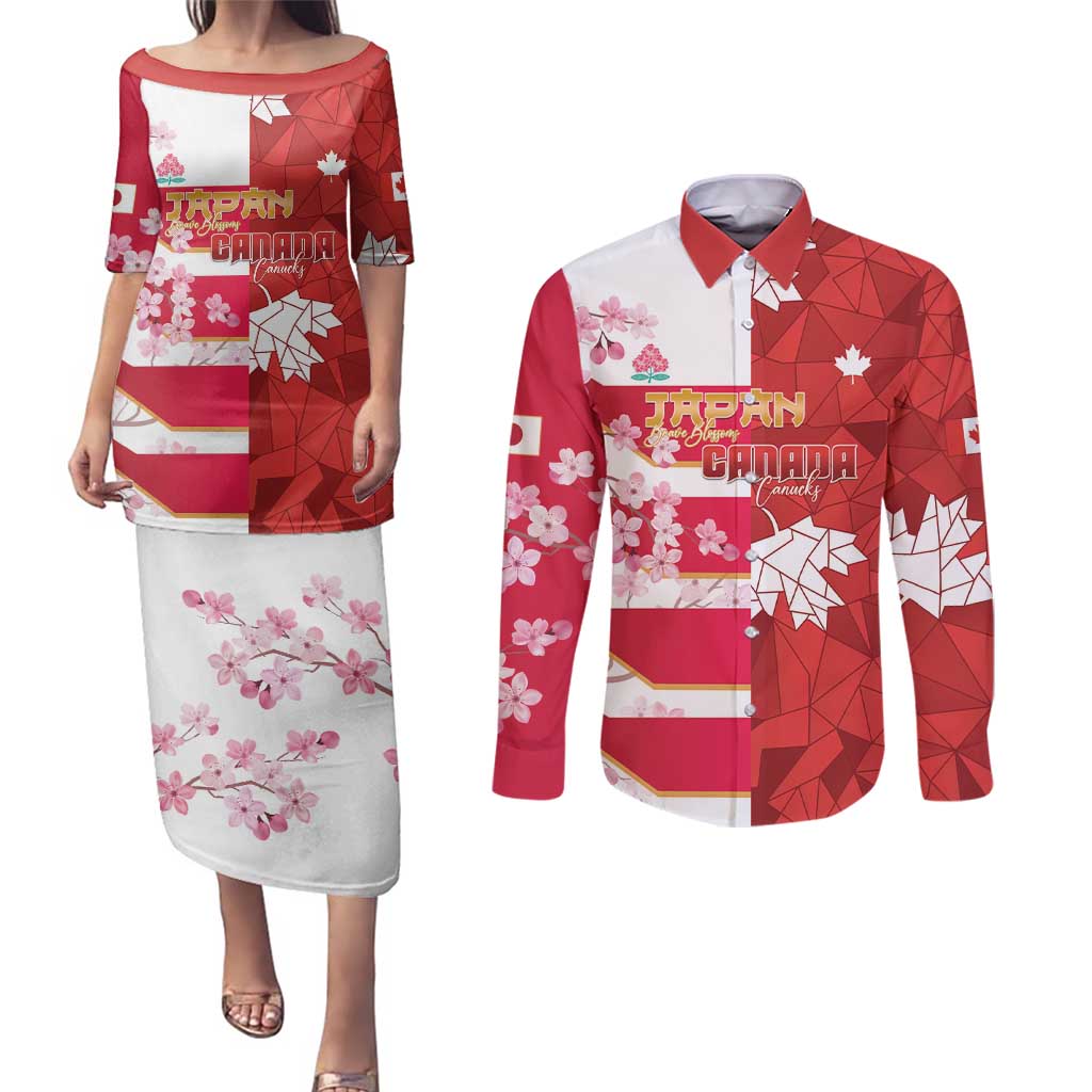 Canada and Japan Rugby Custom Couples Matching Puletasi and Long Sleeve Button Shirt Canucks Brave Blossoms Together Pacific - Wonder Print Shop