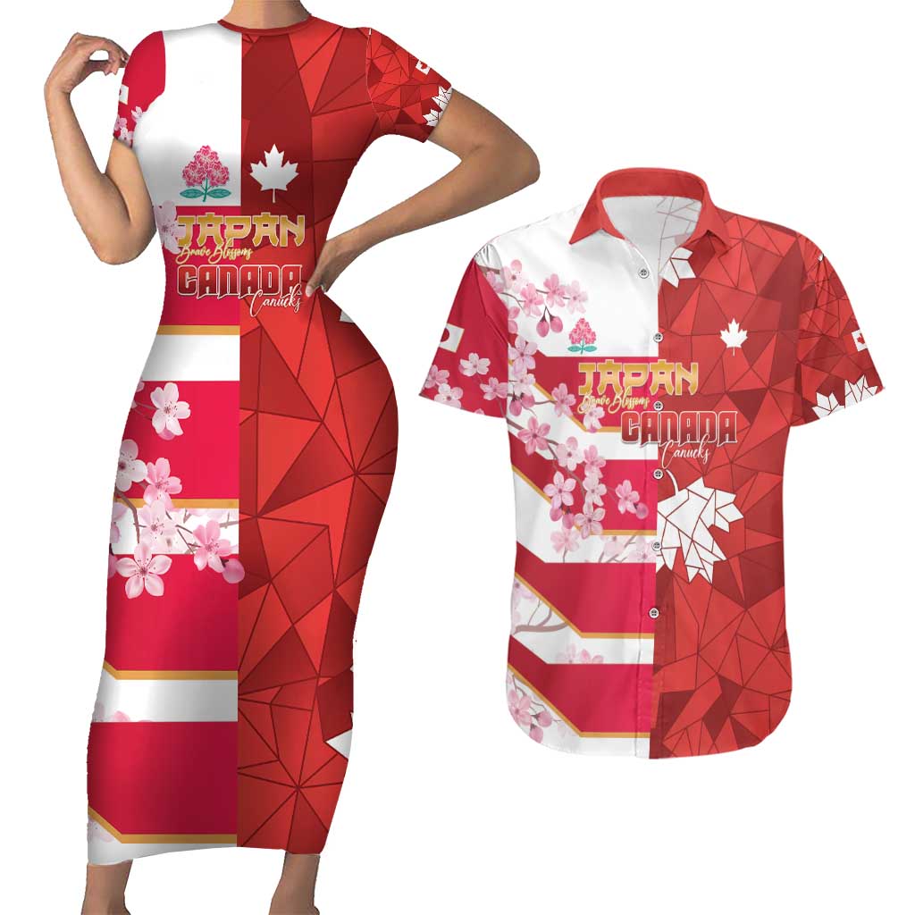Canada and Japan Rugby Custom Couples Matching Short Sleeve Bodycon Dress and Hawaiian Shirt Canucks Brave Blossoms Together Pacific - Wonder Print Shop