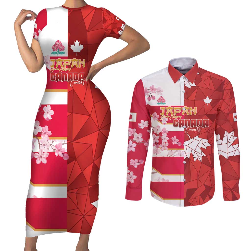 Canada and Japan Rugby Custom Couples Matching Short Sleeve Bodycon Dress and Long Sleeve Button Shirt Canucks Brave Blossoms Together Pacific - Wonder Print Shop