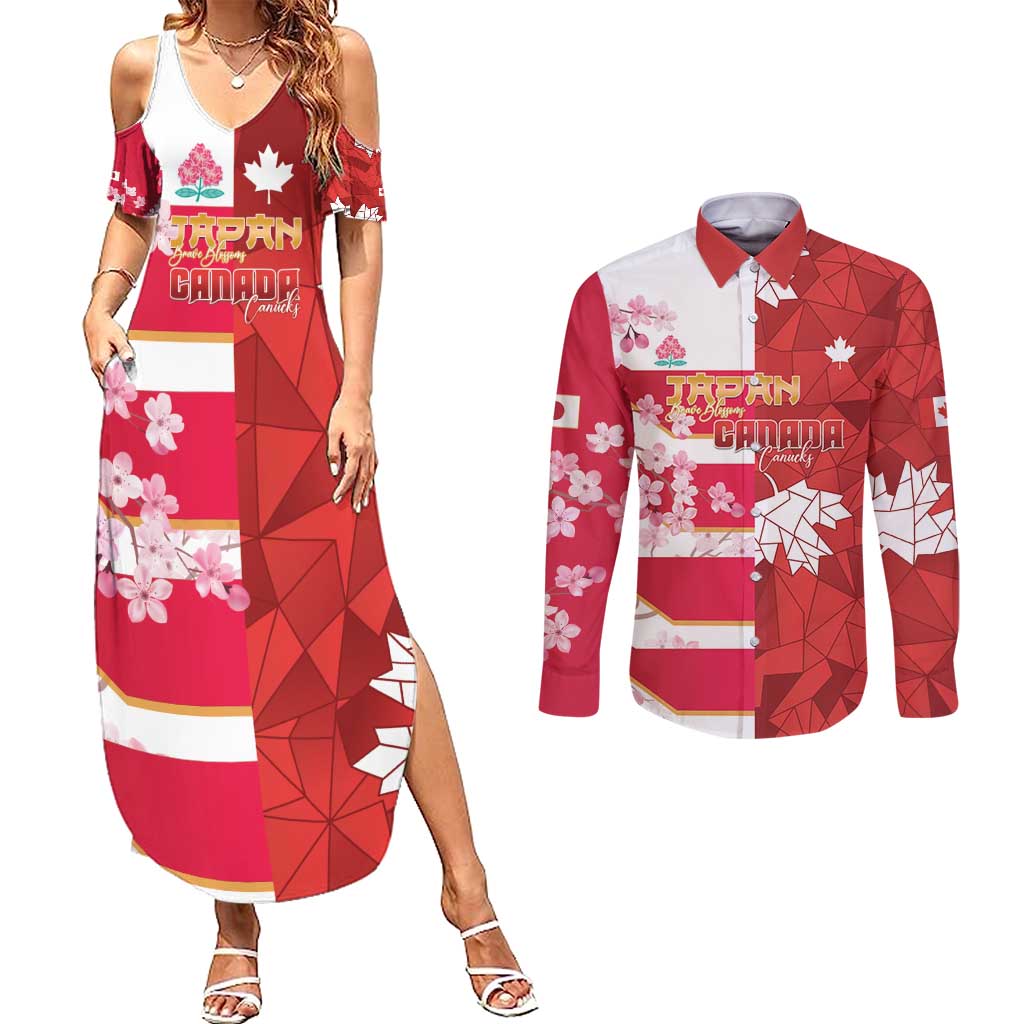 Canada and Japan Rugby Custom Couples Matching Summer Maxi Dress and Long Sleeve Button Shirt Canucks Brave Blossoms Together Pacific - Wonder Print Shop