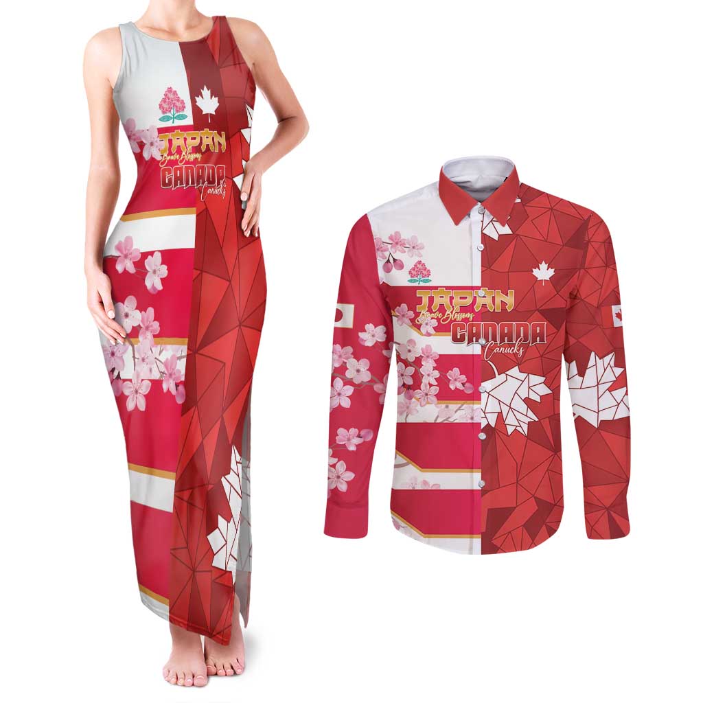 Canada and Japan Rugby Custom Couples Matching Tank Maxi Dress and Long Sleeve Button Shirt Canucks Brave Blossoms Together Pacific - Wonder Print Shop