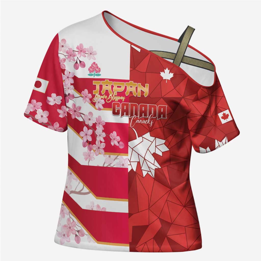 Canada and Japan Rugby Custom Cross Shoulder Shirt Canucks Brave Blossoms Together Pacific - Wonder Print Shop