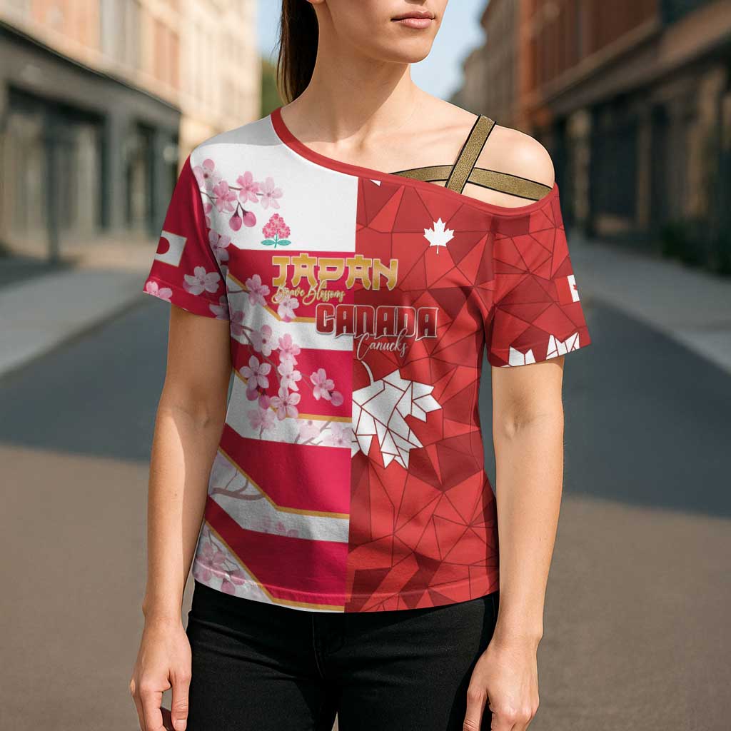 Canada and Japan Rugby Custom Cross Shoulder Shirt Canucks Brave Blossoms Together Pacific - Wonder Print Shop