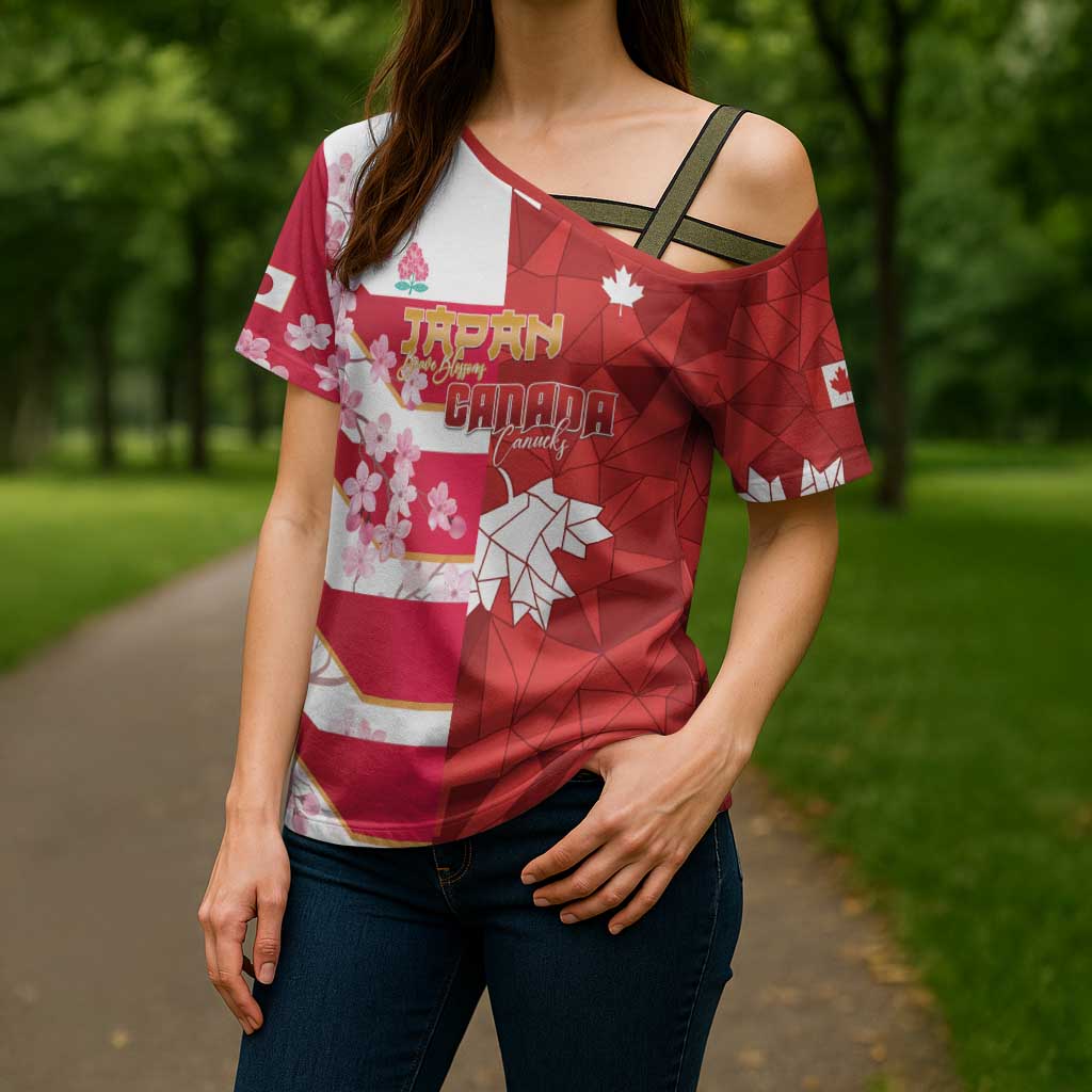 Canada and Japan Rugby Custom Cross Shoulder Shirt Canucks Brave Blossoms Together Pacific - Wonder Print Shop