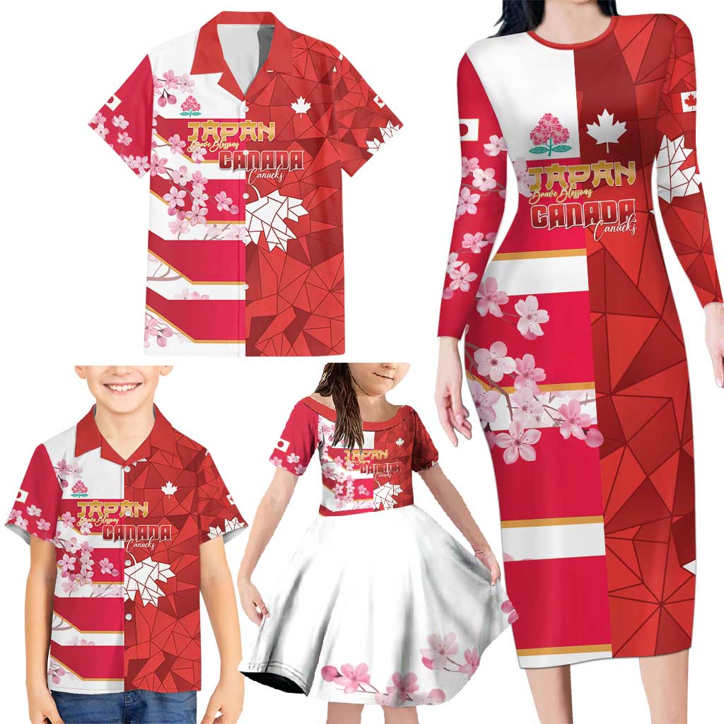 Canada and Japan Rugby Custom Family Matching Long Sleeve Bodycon Dress and Hawaiian Shirt Canucks Brave Blossoms Together Pacific - Wonder Print Shop