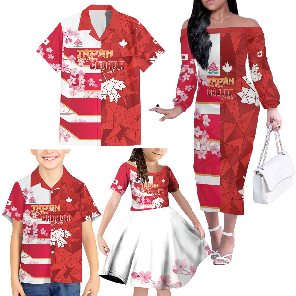 Canada and Japan Rugby Custom Family Matching Off The Shoulder Long Sleeve Dress and Hawaiian Shirt Canucks Brave Blossoms Together Pacific - Wonder Print Shop
