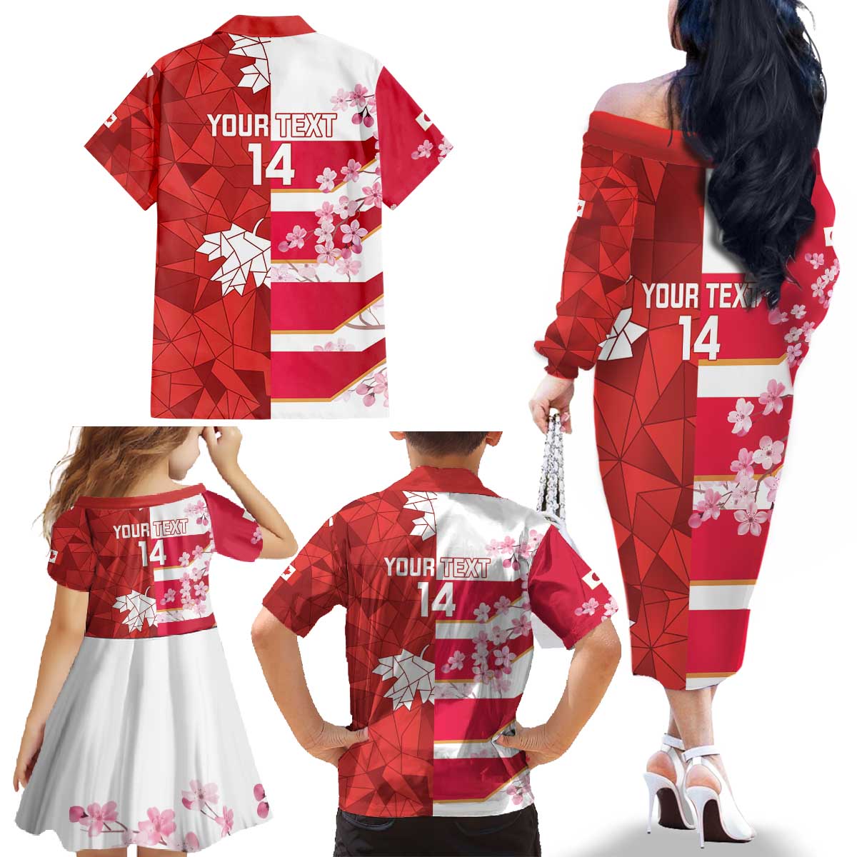 Canada and Japan Rugby Custom Family Matching Off The Shoulder Long Sleeve Dress and Hawaiian Shirt Canucks Brave Blossoms Together Pacific - Wonder Print Shop
