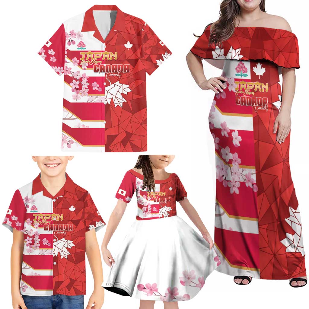 Canada and Japan Rugby Custom Family Matching Off Shoulder Maxi Dress and Hawaiian Shirt Canucks Brave Blossoms Together Pacific - Wonder Print Shop