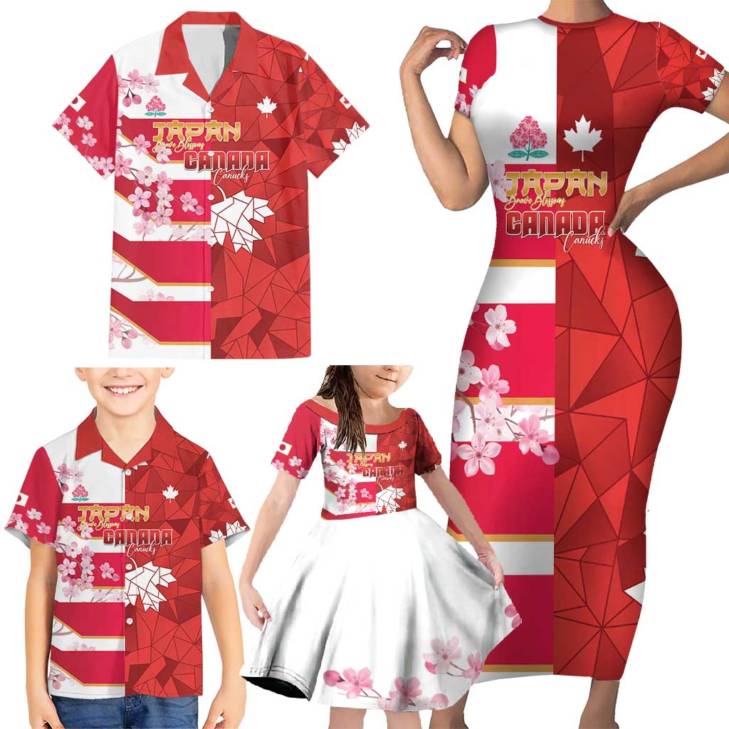 Canada and Japan Rugby Custom Family Matching Short Sleeve Bodycon Dress and Hawaiian Shirt Canucks Brave Blossoms Together Pacific - Wonder Print Shop