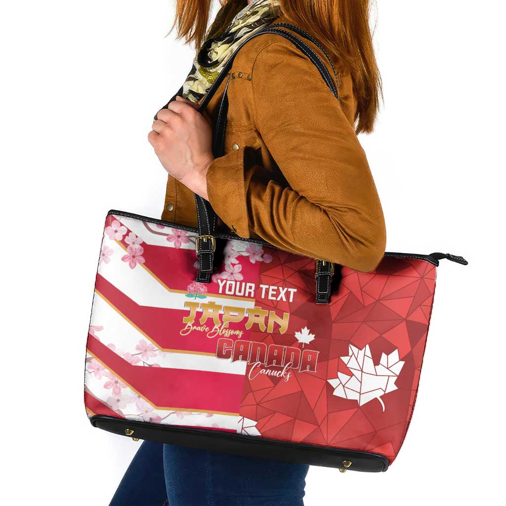 Canada and Japan Rugby Custom Leather Tote Bag Canucks Brave Blossoms Together Pacific - Wonder Print Shop