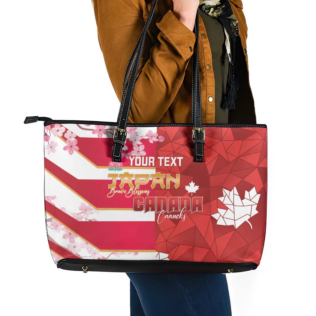 Canada and Japan Rugby Custom Leather Tote Bag Canucks Brave Blossoms Together Pacific - Wonder Print Shop