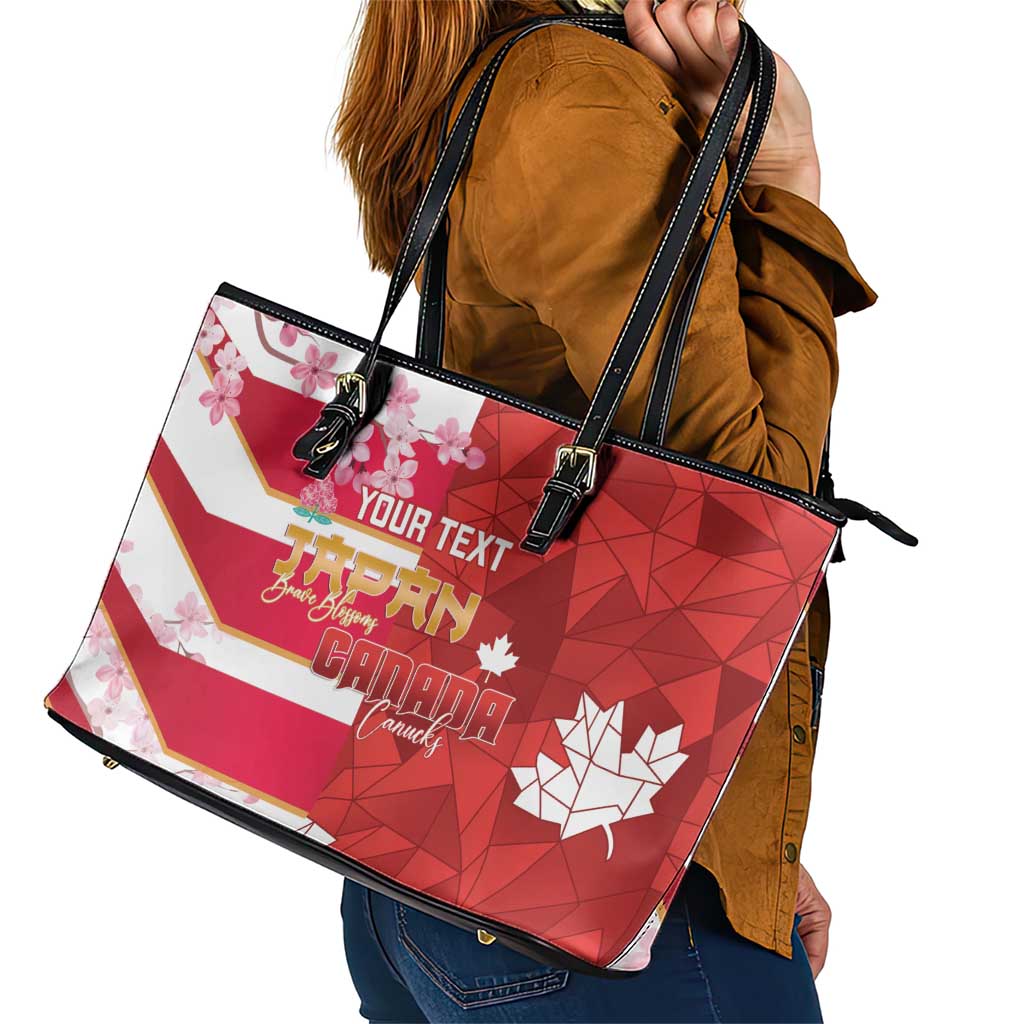 Canada and Japan Rugby Custom Leather Tote Bag Canucks Brave Blossoms Together Pacific - Wonder Print Shop