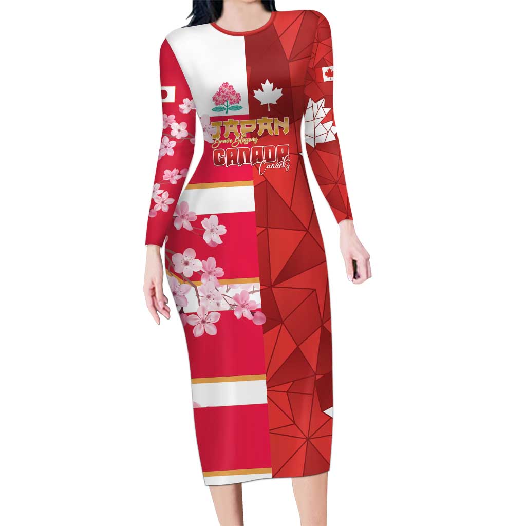 Canada and Japan Rugby Custom Long Sleeve Bodycon Dress Canucks Brave Blossoms Together Pacific - Wonder Print Shop