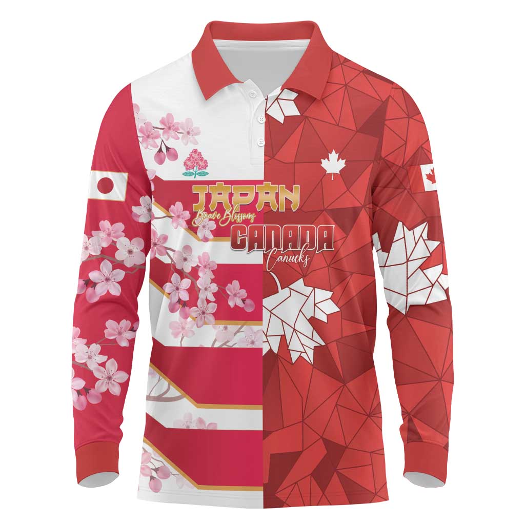 Canada and Japan Rugby Custom Long Sleeve Polo Shirt Canucks Brave Blossoms Together Pacific - Wonder Print Shop