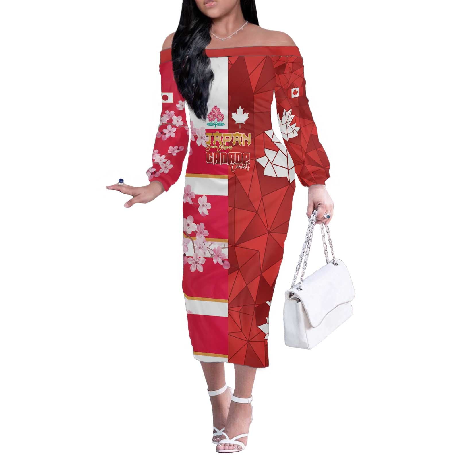 Canada and Japan Rugby Custom Off The Shoulder Long Sleeve Dress Canucks Brave Blossoms Together Pacific - Wonder Print Shop