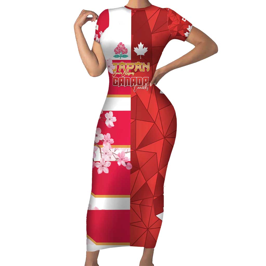 Canada and Japan Rugby Custom Short Sleeve Bodycon Dress Canucks Brave Blossoms Together Pacific - Wonder Print Shop