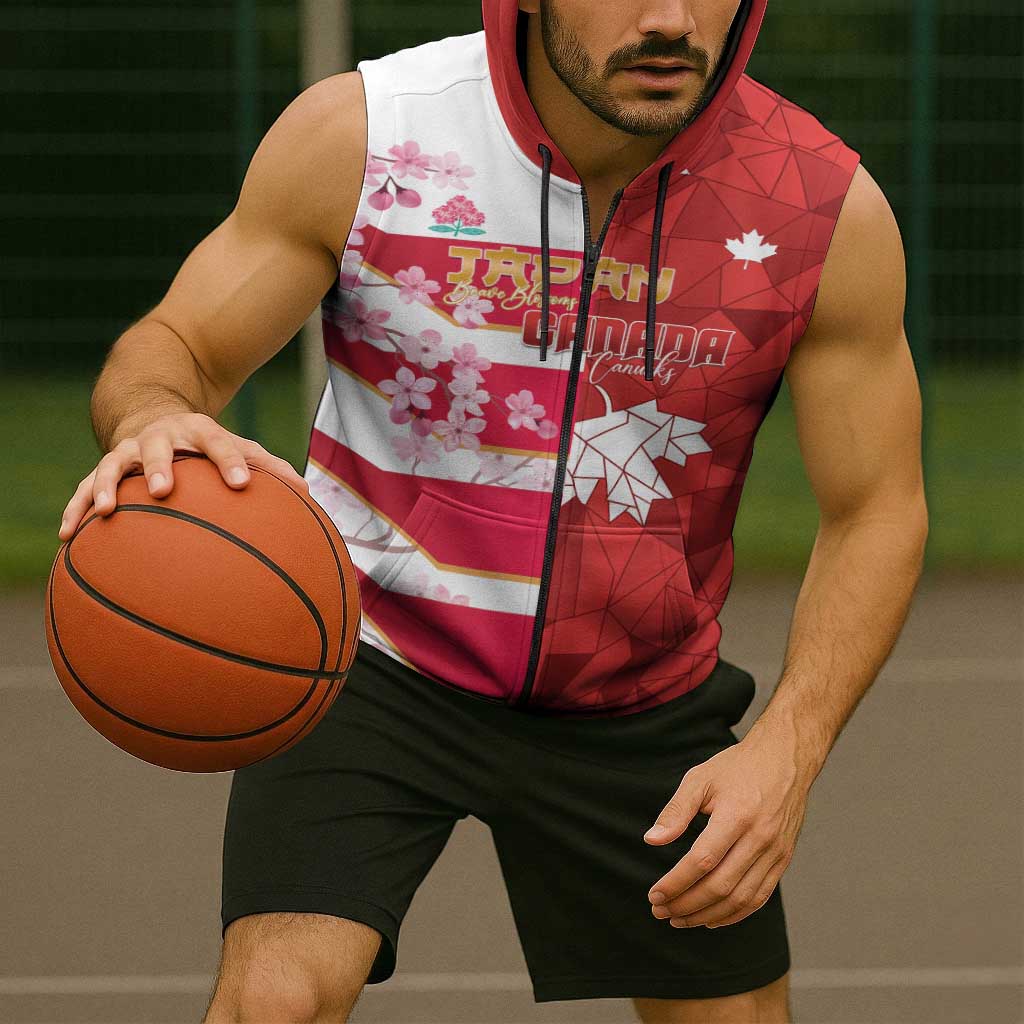 Canada and Japan Rugby Custom Sleeveless Zip Hoodie Canucks Brave Blossoms Together Pacific - Wonder Print Shop
