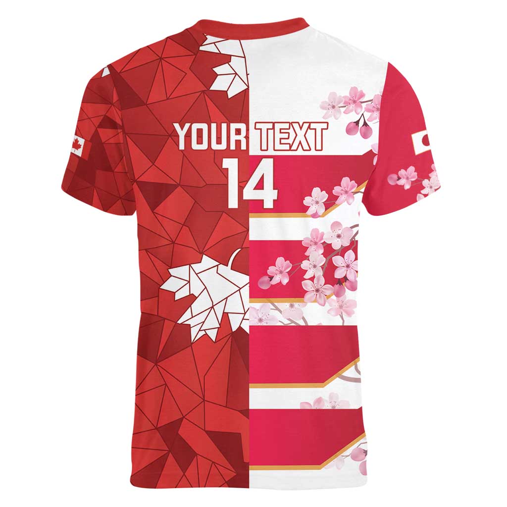 Canada and Japan Rugby Custom Women V-Neck T-Shirt Canucks Brave Blossoms Together Pacific - Wonder Print Shop