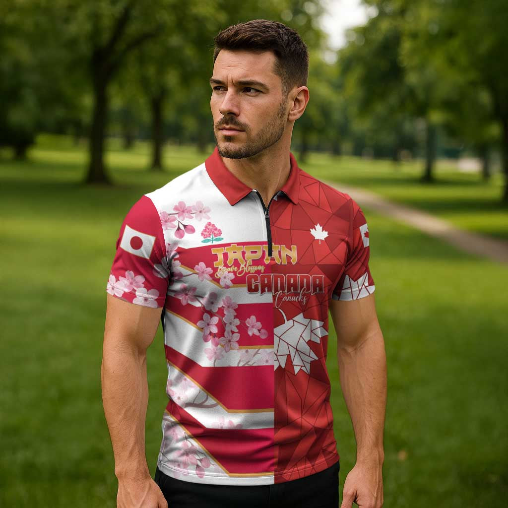 Canada and Japan Rugby Custom Zipper Polo Shirt Canucks Brave Blossoms Together Pacific - Wonder Print Shop