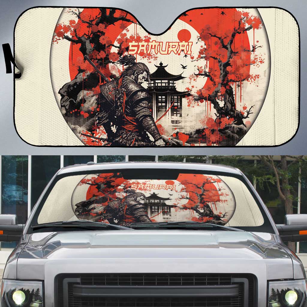 Samurai Warrior Japan Auto Sun Shade Red-blossomed Tree Classic Japanese Stylized - Wonder Print Shop