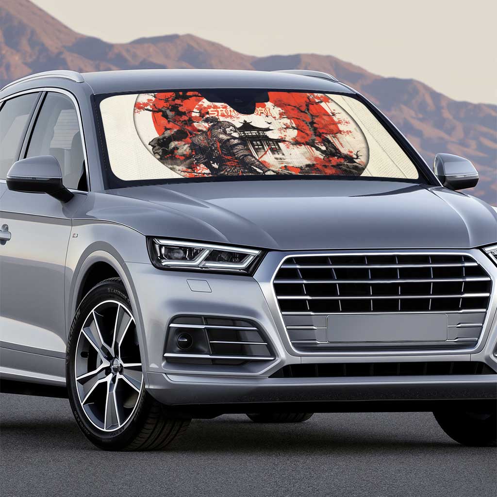 Samurai Warrior Japan Auto Sun Shade Red-blossomed Tree Classic Japanese Stylized - Wonder Print Shop