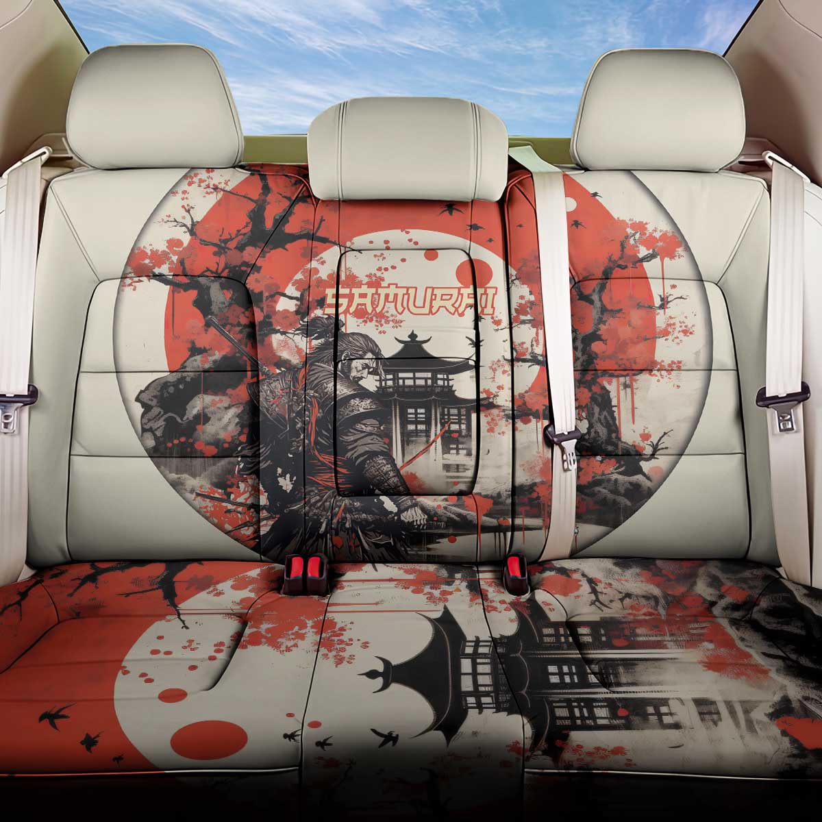 Samurai Warrior Japan Back Car Seat Cover Red-blossomed Tree Classic Japanese Stylized - Wonder Print Shop