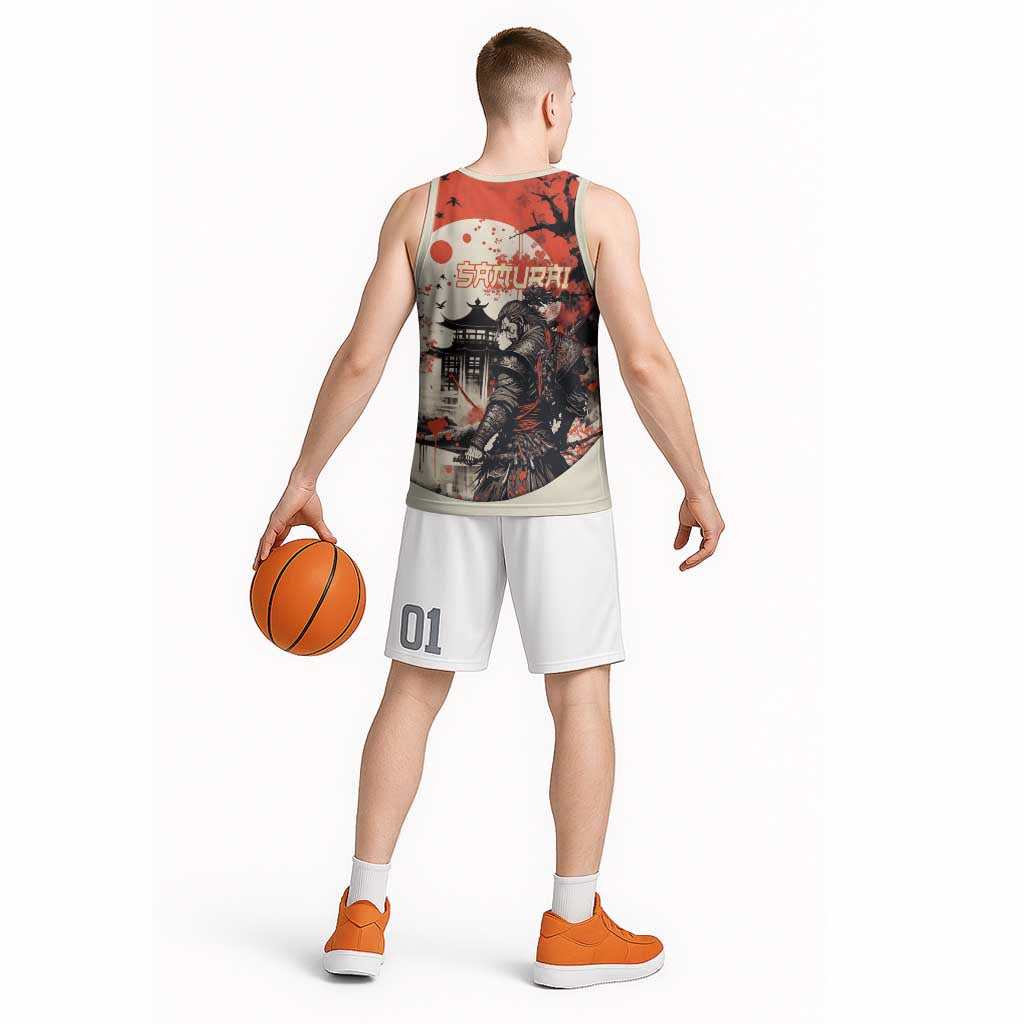 Samurai Warrior Japan Basketball Jersey Red-blossomed Tree Classic Japanese Stylized - Wonder Print Shop