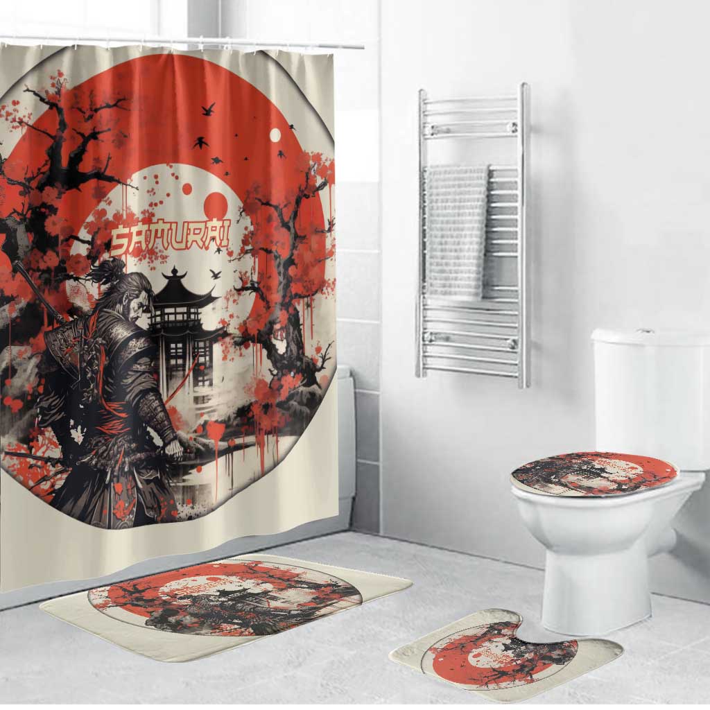 Samurai Warrior Japan Bathroom Set Red-blossomed Tree Classic Japanese Stylized - Wonder Print Shop