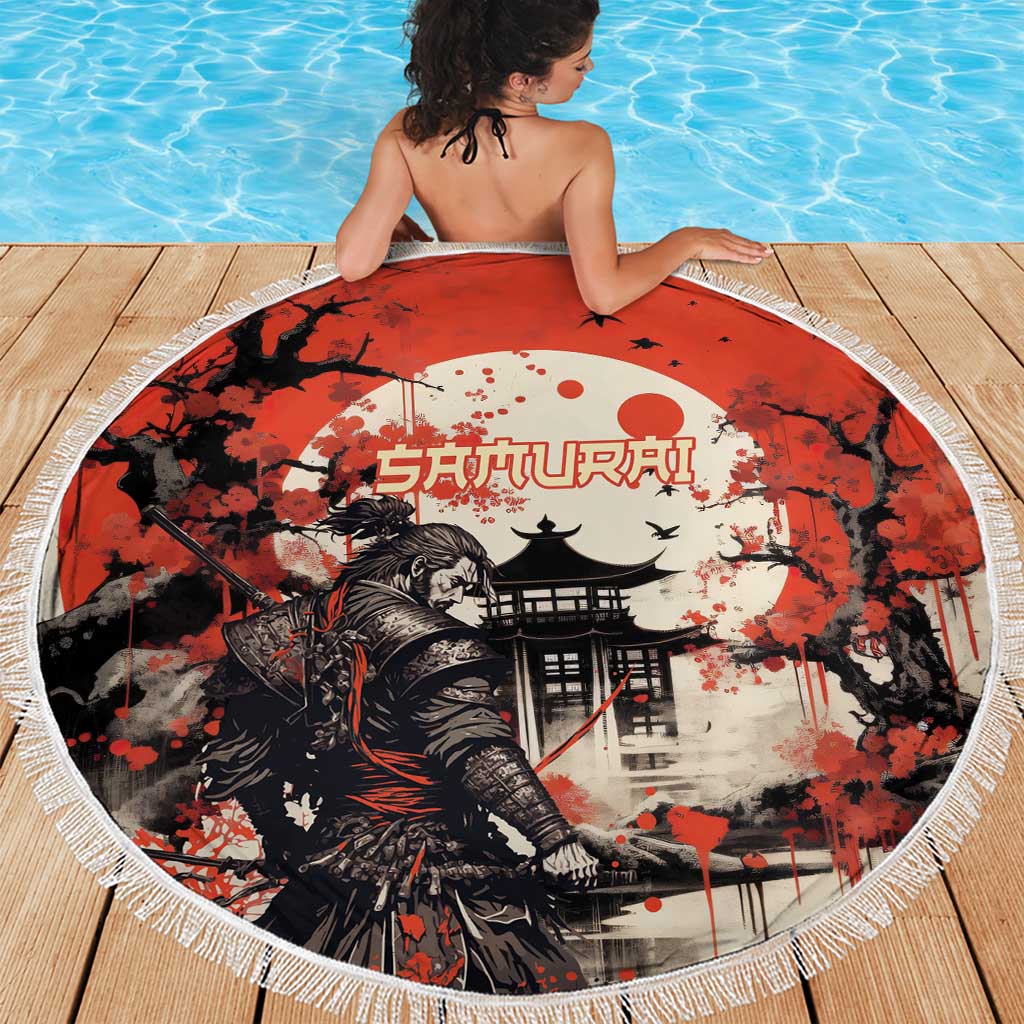Samurai Warrior Japan Beach Blanket Red-blossomed Tree Classic Japanese Stylized - Wonder Print Shop