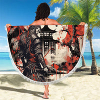 Samurai Warrior Japan Beach Blanket Red-blossomed Tree Classic Japanese Stylized - Wonder Print Shop