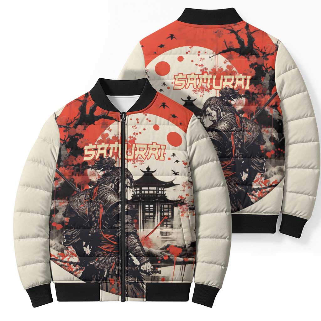 Samurai Warrior Japan Bomber Puffer Jacket Red-blossomed Tree Classic Japanese Stylized - Wonder Print Shop