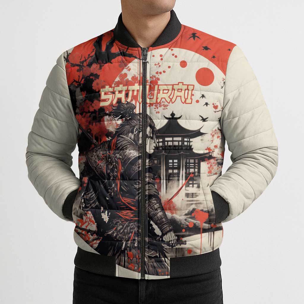Samurai Warrior Japan Bomber Puffer Jacket Red-blossomed Tree Classic Japanese Stylized - Wonder Print Shop
