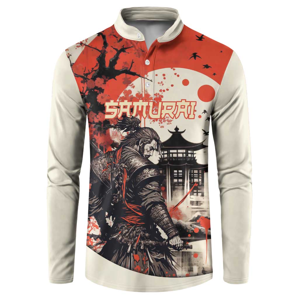 Samurai Warrior Japan Button Sweatshirt Red-blossomed Tree Classic Japanese Stylized - Wonder Print Shop