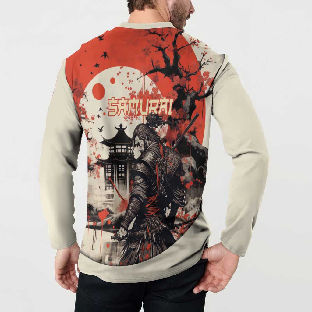 Samurai Warrior Japan Button Sweatshirt Red-blossomed Tree Classic Japanese Stylized - Wonder Print Shop