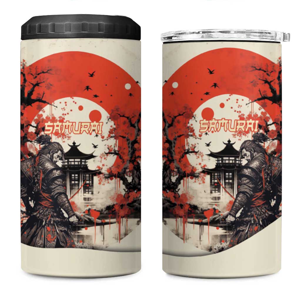 Samurai Warrior Japan 4 in 1 Can Cooler Tumbler Red-blossomed Tree Classic Japanese Stylized - Wonder Print Shop