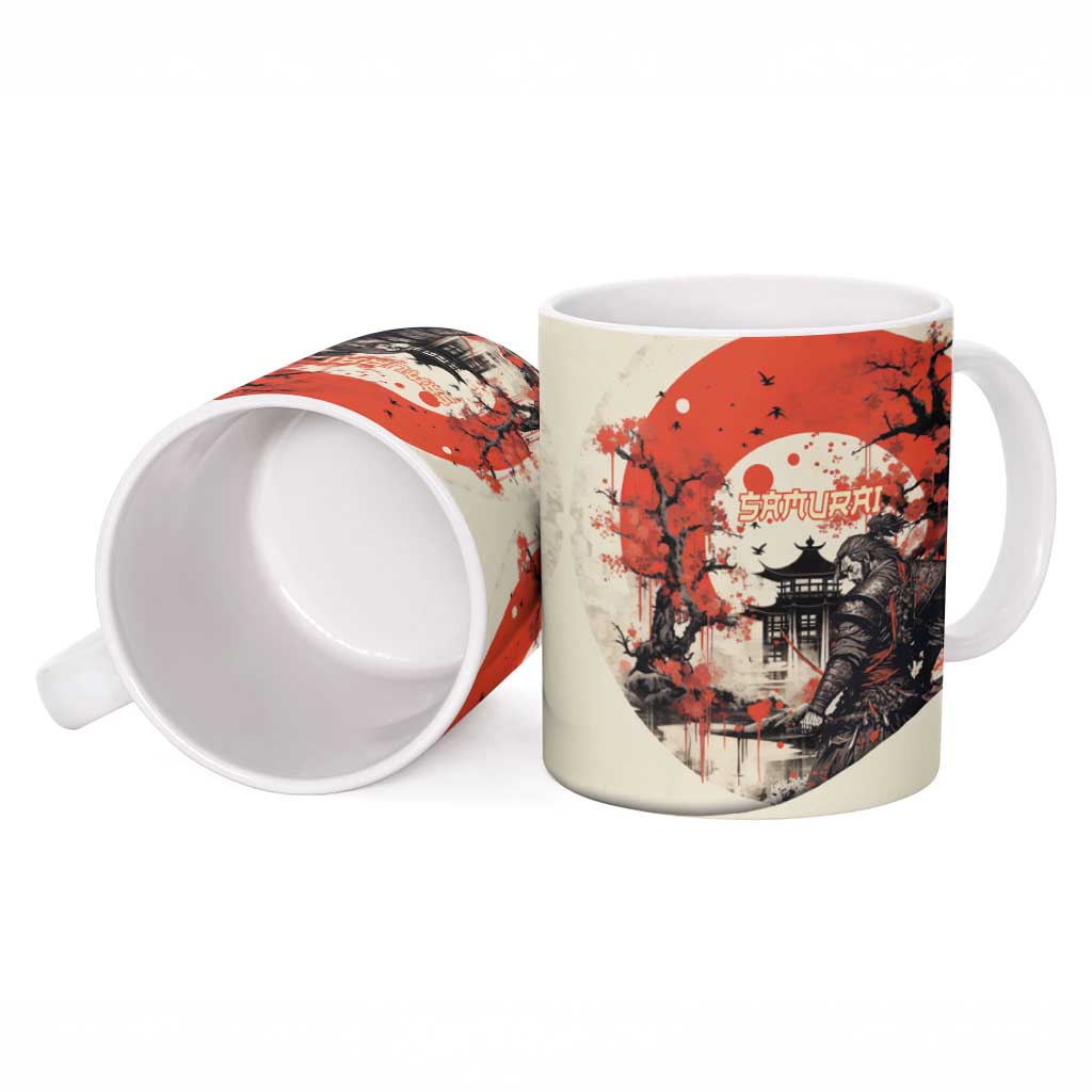 Samurai Warrior Japan Ceramic Mug Red-blossomed Tree Classic Japanese Stylized - Wonder Print Shop