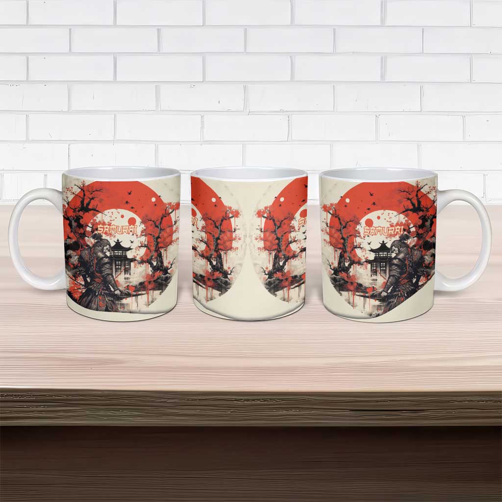 Samurai Warrior Japan Ceramic Mug Red-blossomed Tree Classic Japanese Stylized - Wonder Print Shop