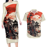 Samurai Warrior Japan Couples Matching Long Sleeve Bodycon Dress and Hawaiian Shirt Red-blossomed Tree Classic Japanese Stylized - Wonder Print Shop