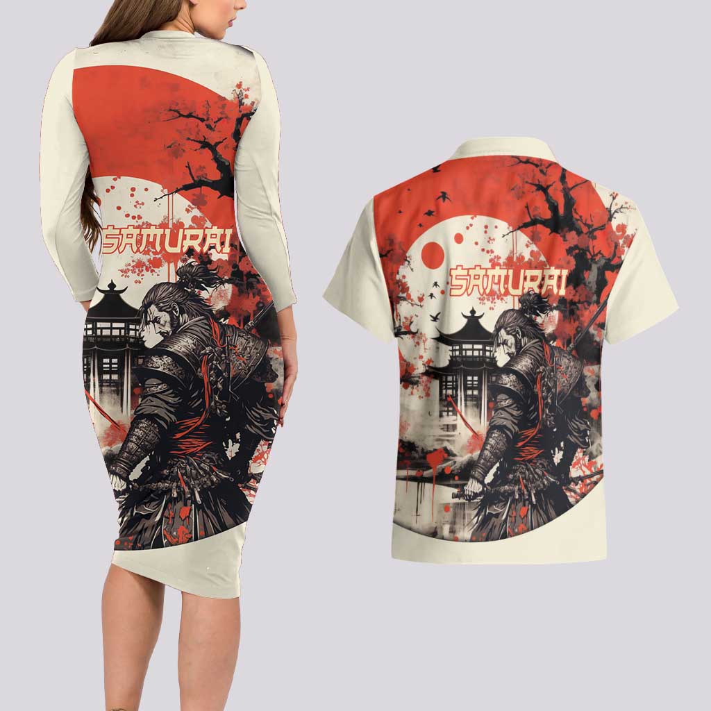 Samurai Warrior Japan Couples Matching Long Sleeve Bodycon Dress and Hawaiian Shirt Red-blossomed Tree Classic Japanese Stylized - Wonder Print Shop