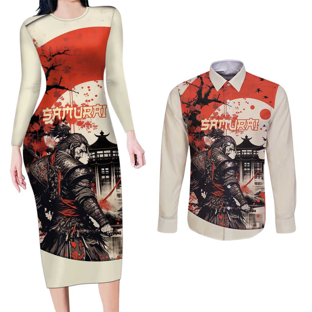 Samurai Warrior Japan Couples Matching Long Sleeve Bodycon Dress and Long Sleeve Button Shirt Red-blossomed Tree Classic Japanese Stylized - Wonder Print Shop