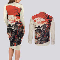 Samurai Warrior Japan Couples Matching Long Sleeve Bodycon Dress and Long Sleeve Button Shirt Red-blossomed Tree Classic Japanese Stylized - Wonder Print Shop