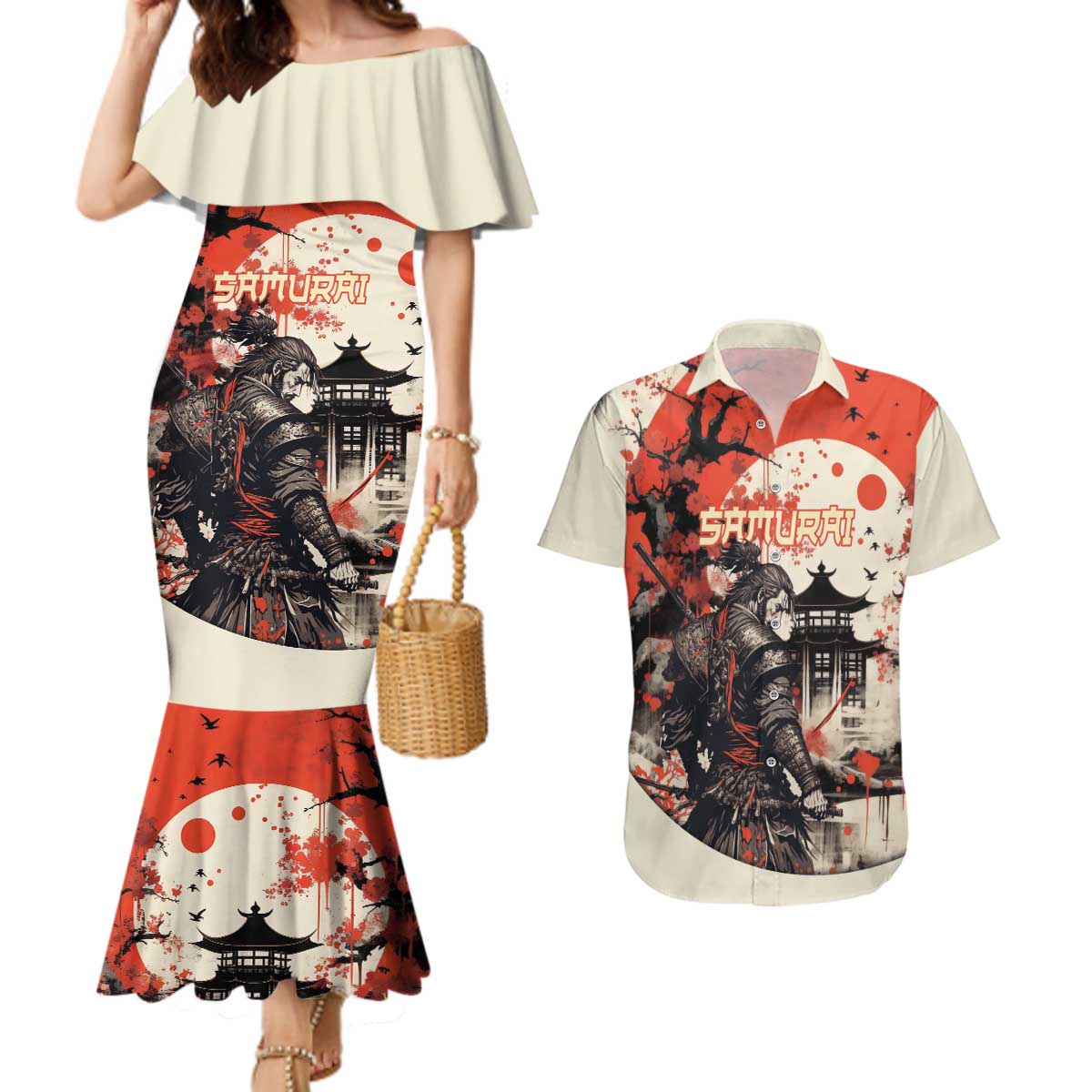 Samurai Warrior Japan Couples Matching Mermaid Dress and Hawaiian Shirt Red-blossomed Tree Classic Japanese Stylized - Wonder Print Shop